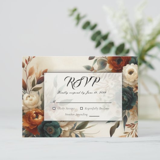 Burnt Orange and Blue Fall Flowers Wedding 出欠カード (スタンド正面)