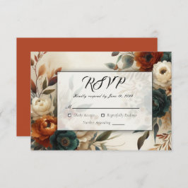 Burnt Orange and Blue Fall Flowers Wedding 出欠カード