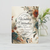 Burnt Orange and Blue Fall Flowers Wedding 招待状 (スタンド正面)