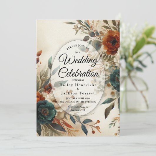 Burnt Orange and Blue Fall Flowers Wedding 招待状 (スタンド正面)