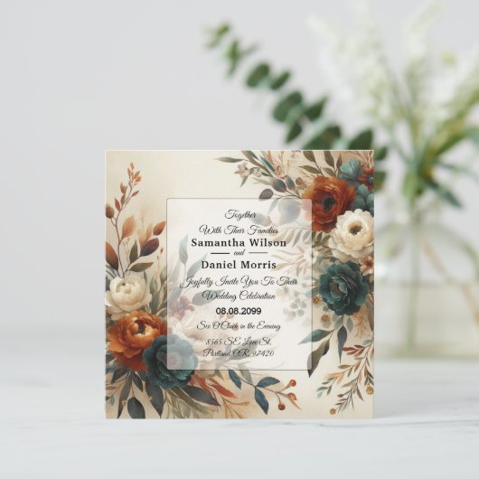 Burnt Orange and Blue Fall Flowers Wedding 招待状 (スタンド正面)