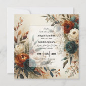 Burnt Orange and Blue Fall Flowers Wedding 招待状 (正面)