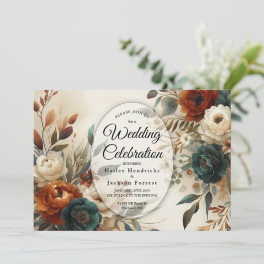 Burnt Orange and Blue Fall Flowers Wedding 招待状 (スタンド正面)