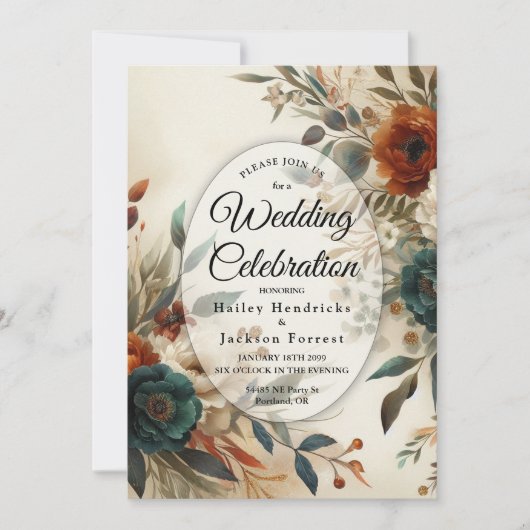 Burnt Orange and Blue Fall Flowers Wedding 招待状 (正面)