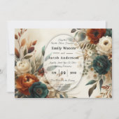 Burnt Orange and Blue Fall Flowers Wedding  招待状 (正面)