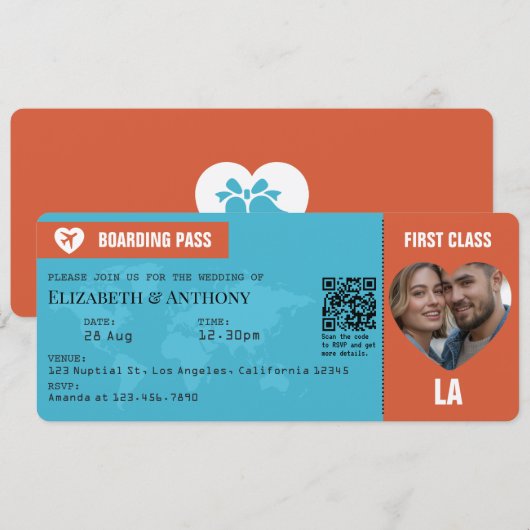 Burnt Orange & Aqua Blue Boarding Pass Wedding 招待状 (正面/裏面)