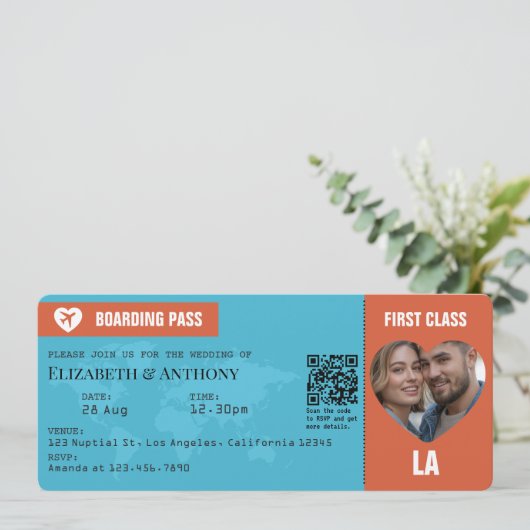 Burnt Orange & Aqua Blue Boarding Pass Wedding 招待状 (スタンド正面)