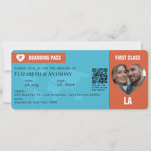 Burnt Orange & Aqua Blue Boarding Pass Wedding 招待状 (正面)