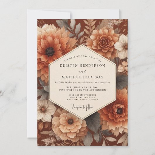 Burnt Orange Autumn Bloom Wedding 招待状 (正面)