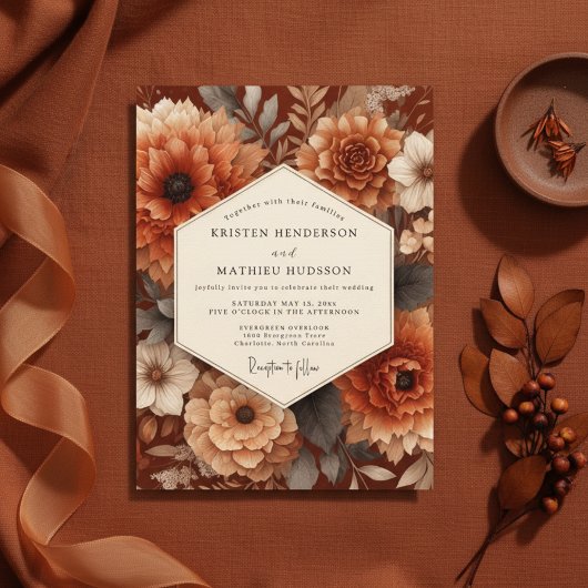 Burnt Orange Autumn Bloom Wedding 招待状