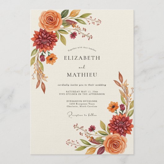 Burnt Orange Autumn Floral Wedding 招待状 (正面)