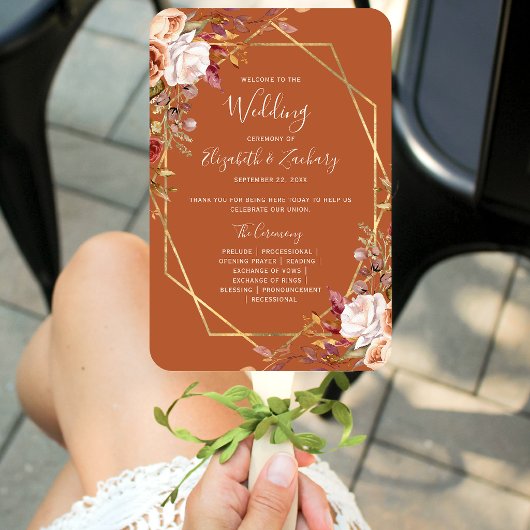 Burnt Orange Autumn Floral Wedding Program ハンドファン