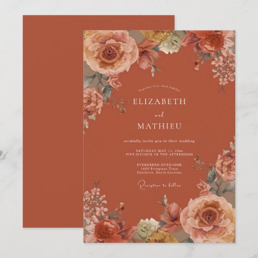 Burnt Orange Bloom Wedding 招待状 (正面/裏面)