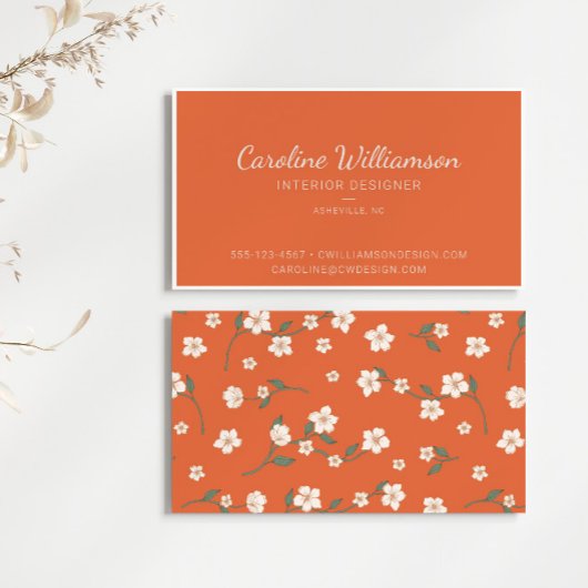  Burnt Orange Boho Floral Script Interior Designer 名刺