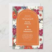 Burnt Orange Bold Floral Boho Chic Retro Wedding 招待状 (正面)