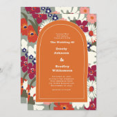 Burnt Orange Bold Floral Boho Chic Retro Wedding 招待状 (正面/裏面)