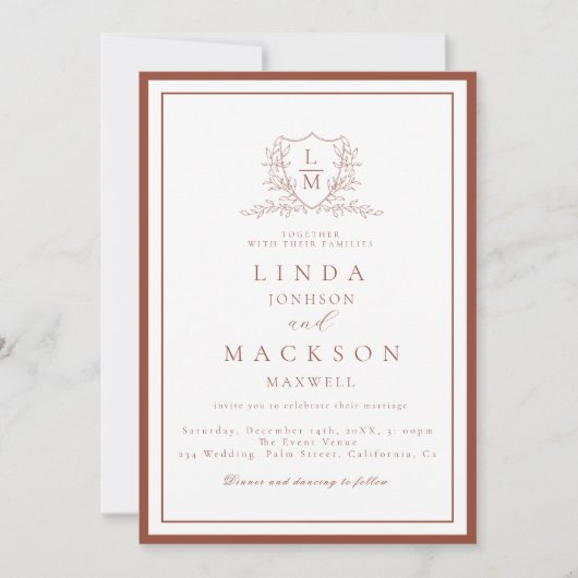 Burnt Orange botanical crest monogram wedding 招待状 (正面)