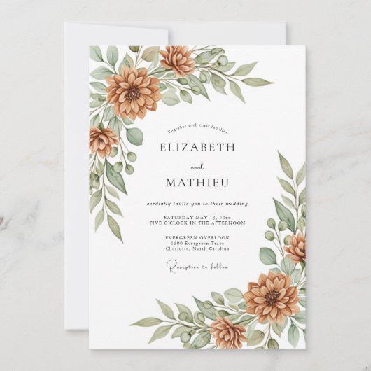 Burnt Orange Botanical Harvest Wedding 招待状 (正面)
