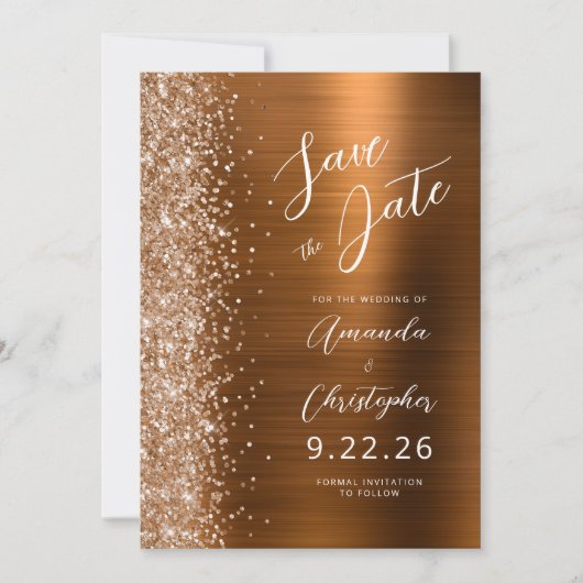 Burnt Orange Brushed Metal Script Save the Date 案内状 (正面)
