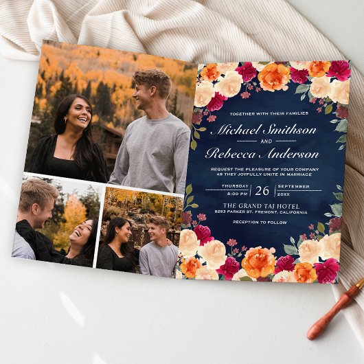 Burnt Orange Burgundy Floral Navy QR Code Wedding 招待状