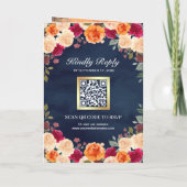 Burnt Orange Burgundy Floral Navy QR Code Wedding 招待状 (裏面)