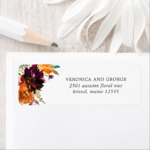 Burnt Orange Burgundy Rustic Floral Return Address ラベル