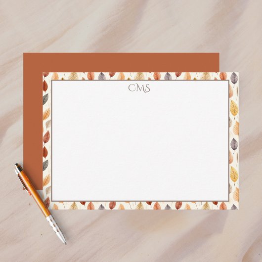 Burnt Orange Fall Leaves Watercolor Monogrammed ノートカード