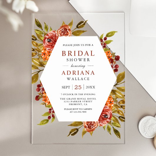 Burnt Orange Floral Autumn Fall Bridal Shower アクリル招待状