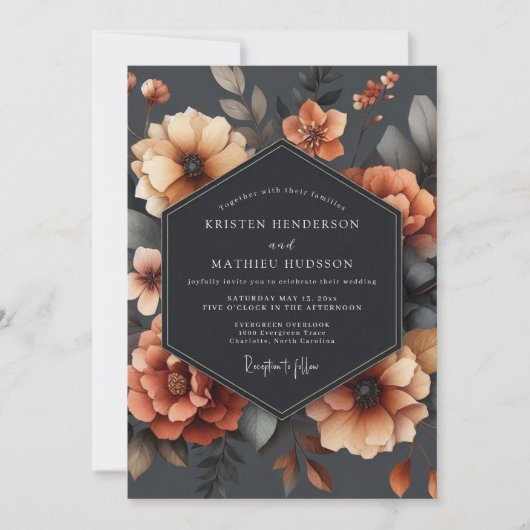 Burnt Orange Floral Autumn Wedding 招待状 (正面)