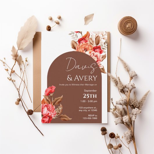 Burnt Orange Floral Boho Wedding Invite 招待状