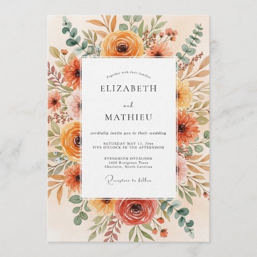 Burnt Orange Floral Brushstroke Wedding 招待状 (正面)