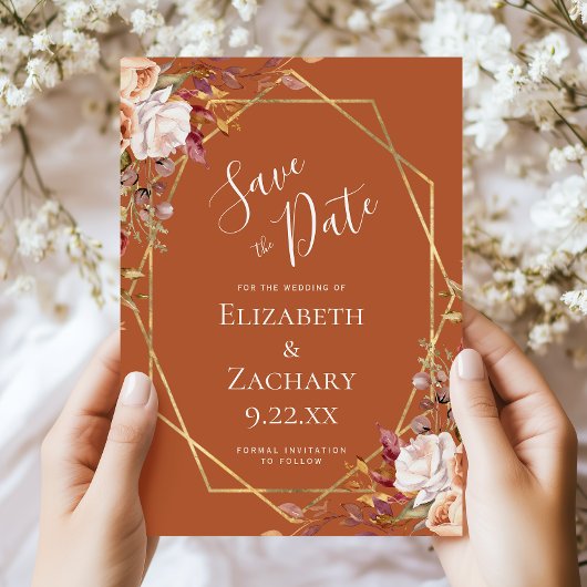 Burnt Orange Floral Fall Wedding Save the Date セーブザデート
