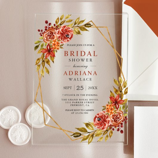 Burnt Orange Floral Gold Frame Fall Bridal Shower アクリル招待状