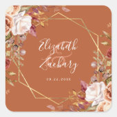 Burnt Orange Floral Gold Geometric Fall Wedding スクエアシール (正面)