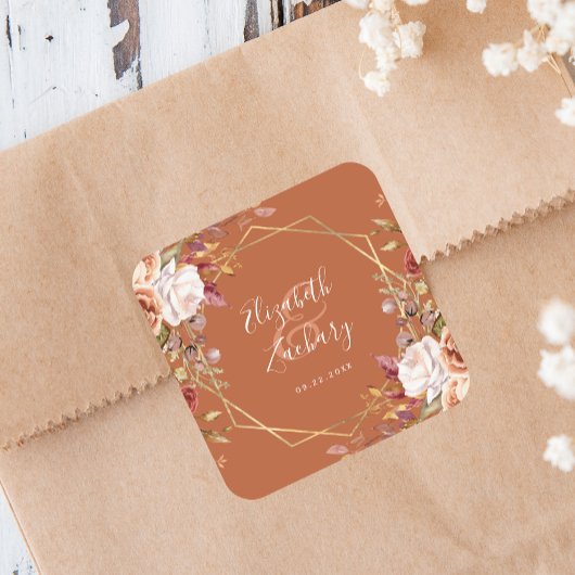 Burnt Orange Floral Gold Geometric Fall Wedding スクエアシール