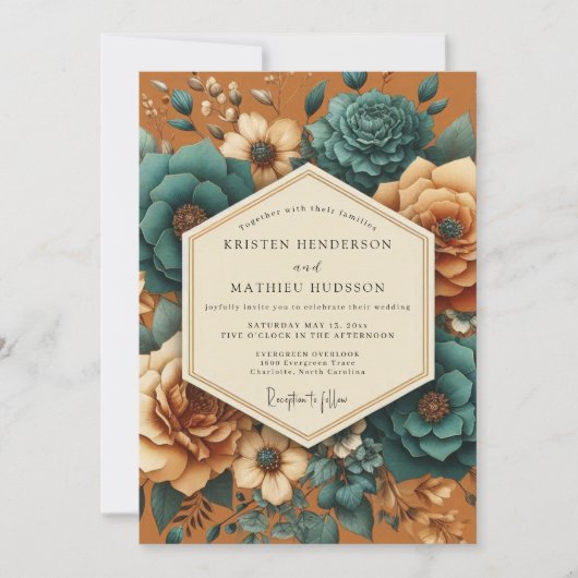 Burnt Orange Floral Opulent Wedding 招待状 (正面)