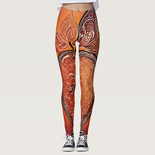 Burnt orange floral patterns AI art  レギンス (正面)