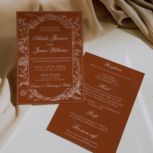 Burnt Orange Floral Terracotta All In One Wedding 招待状