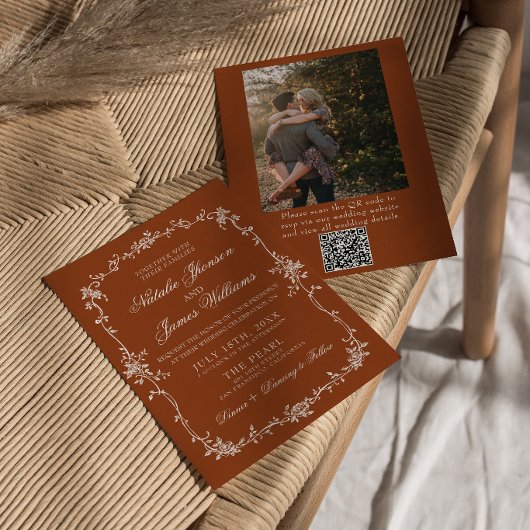 Burnt Orange Floral Terracotta QR Code Wedding 招待状