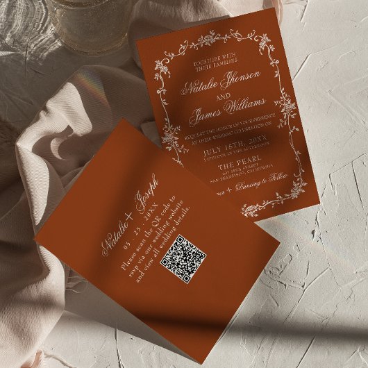 Burnt Orange Floral Terracotta QR Code Wedding 招待状