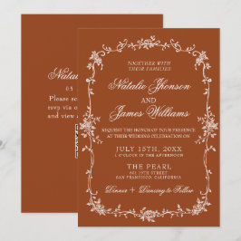 Burnt Orange Floral Terracotta QR Code Wedding 招待状