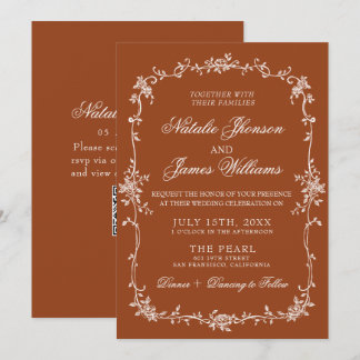 Burnt Orange Floral Terracotta QR Code Wedding 招待状