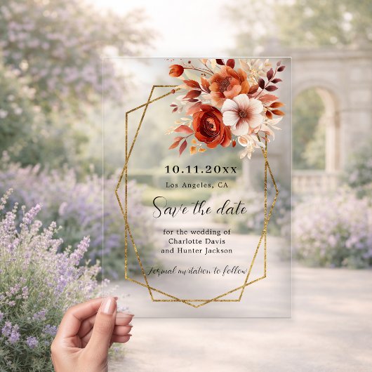 Burnt orange floral wedding Save the Date Card アクリル招待状