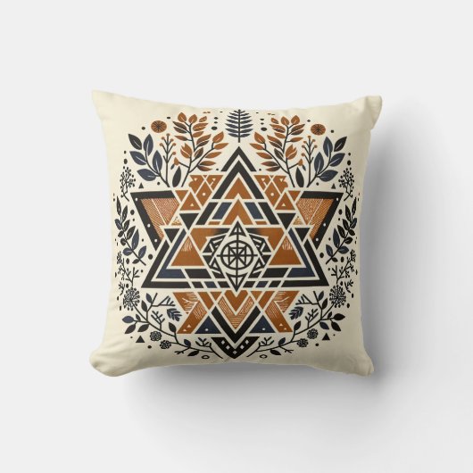 Burnt Orange Geometric Botanical Throw Pillow クッション (正面)