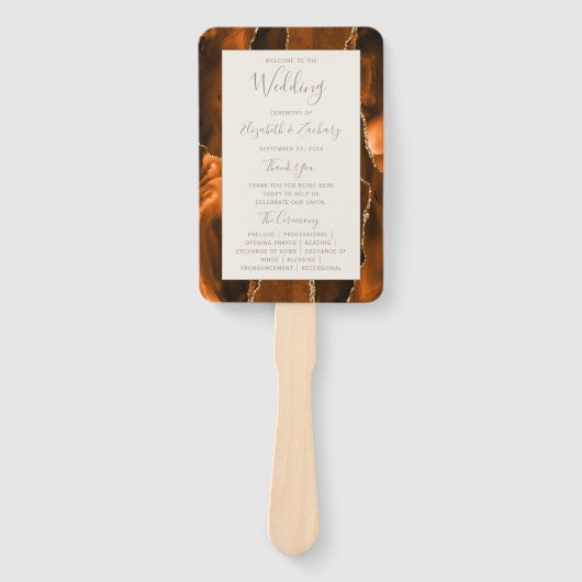 Burnt Orange Gold Agate Ivory Wedding Program ハンドファン (正面)