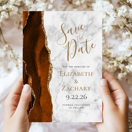 Burnt Orange Gold Agate Marble Save the Date Card 招待状
