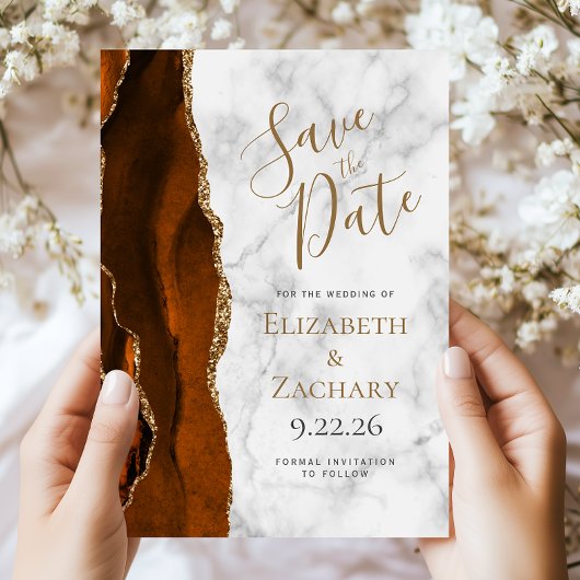Burnt Orange Gold Agate Marble Save the Date Card 招待状