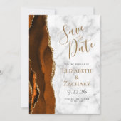 Burnt Orange Gold Agate Marble Save the Date Card 招待状 (正面)