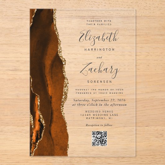Burnt Orange Gold Agate QR Code Wedding アクリル招待状 (正面)