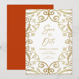 burnt orange gold glitter floral lace wedding セーブザデート